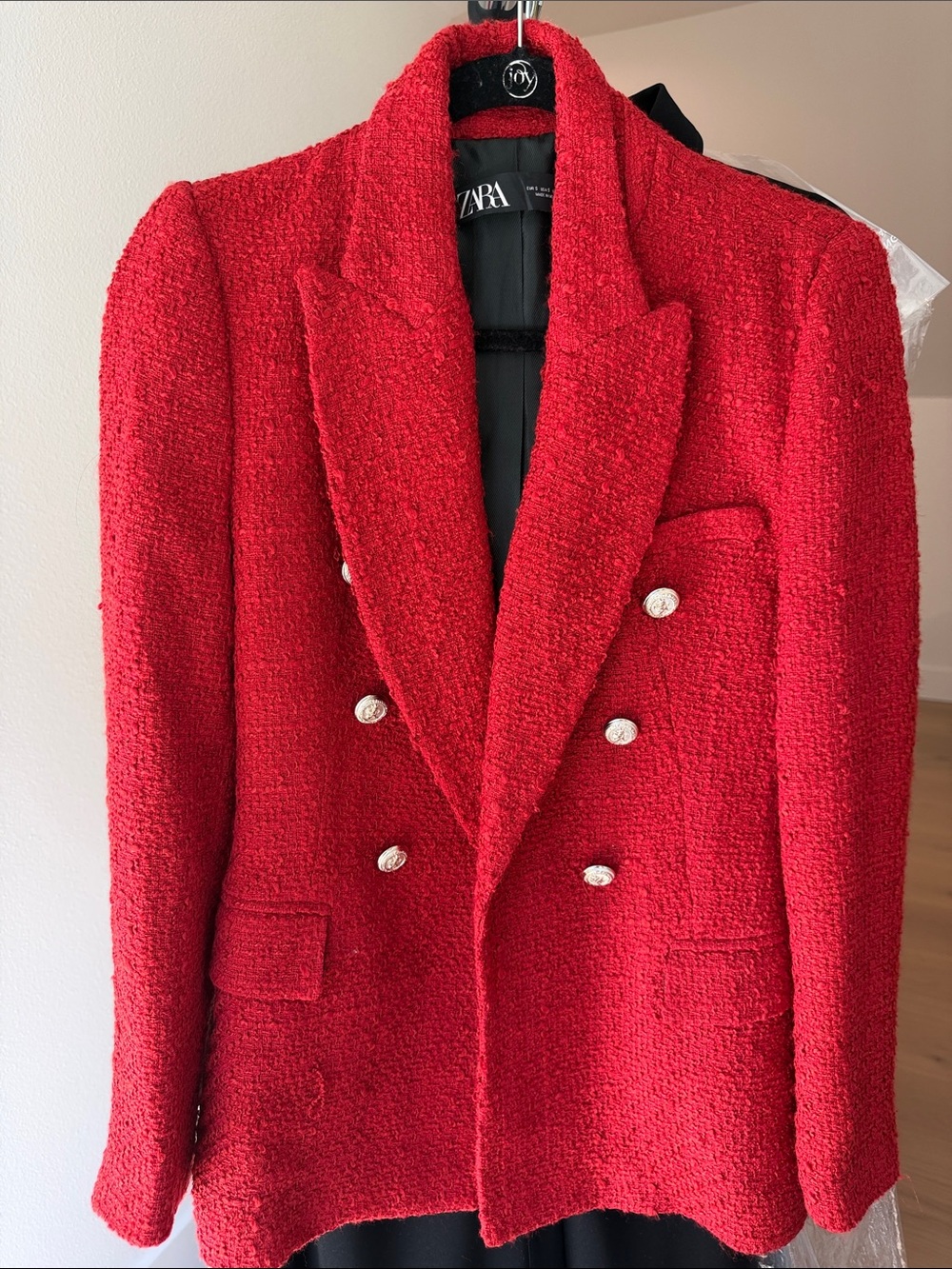 Zara Red Bouclé Double-Breasted Blazer with Silver Buttons